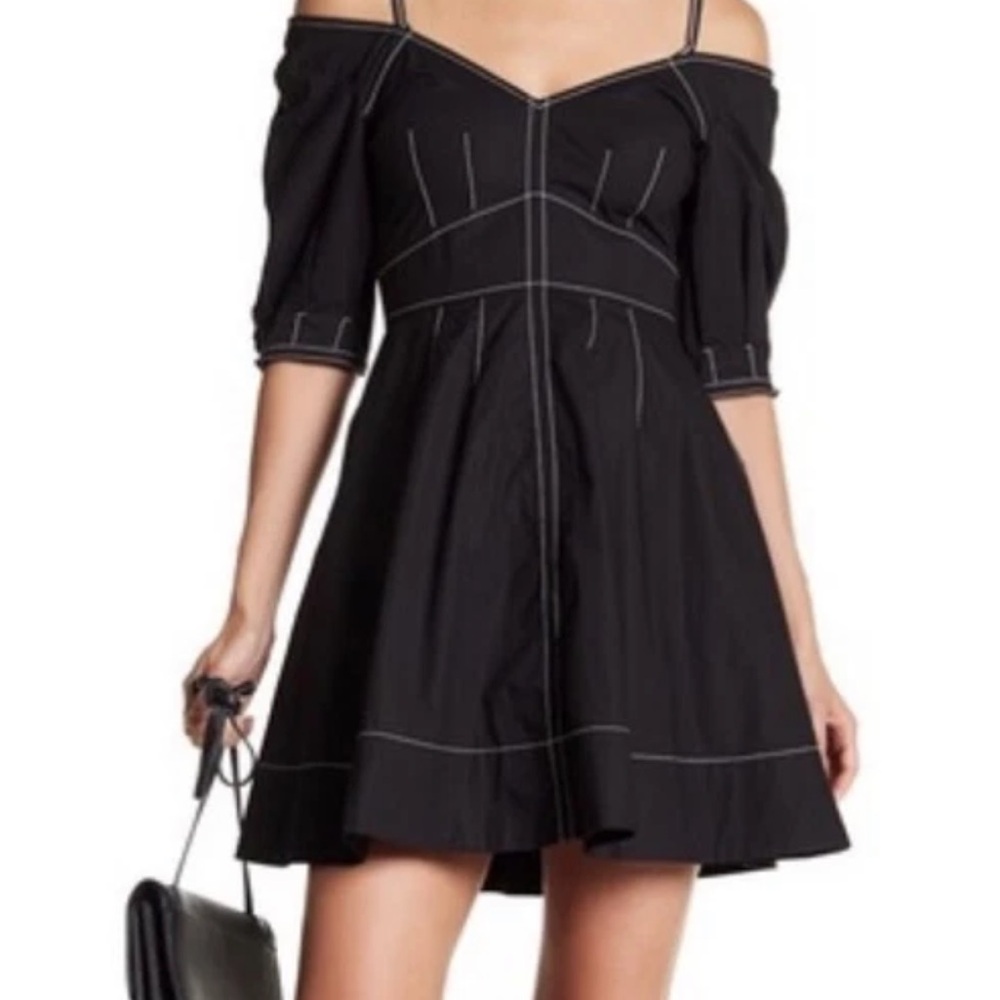 10 Crosby Derek Lam Black poplin Off-Shoulder Mini Dress with white stitching 0